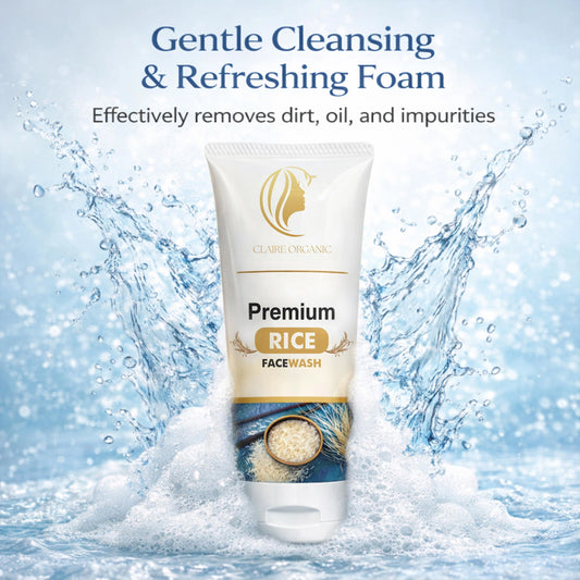 A tube of Claire Organic Premium Rice Facewash is centered against a dynamic background of water splashes and foam, with promotional text at the top reading 'Gentle Cleansing & Refreshing Foam'.