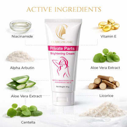 Claire Organic Private Parts Brightening Cream with active ingredients displayed on a white background